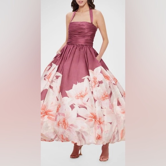 Leo Lin Nadia Voluminous Gown in Orient Print in Hibiscus AU6/US2 NWT - Picture 3 of 4